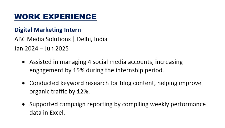 Work Experience Example for Entry-level or fresh graduate