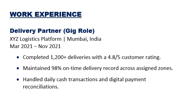 Work Experience Example for Gig workers