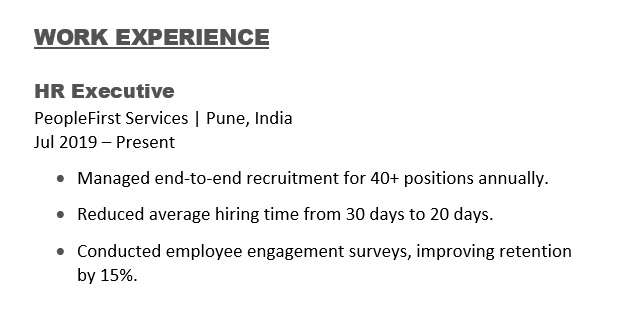 Work Experience Example for HR Executive
