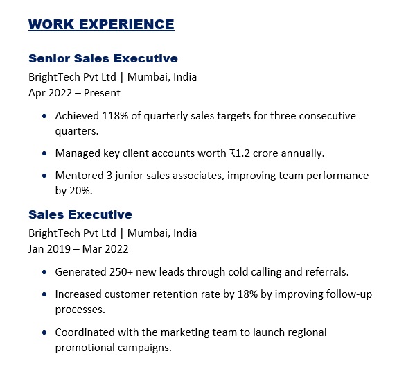 Work Experience Example for Mid-level professional