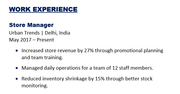 Work Experience Example for Retail Store Manager