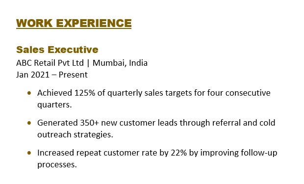 Work Experience Example for Sales Executive
