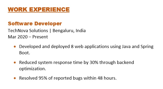 Work Experience Example for Software Developer